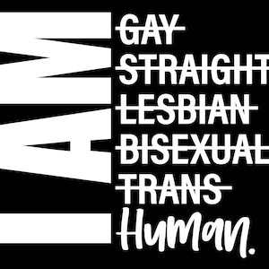 Peut inclure: Texte blanc sur fond noir qui lit "I AM" avec une ligne séparant chaque mot. Les mots "gay", "straight", "lesbian", "bisexual", "trans" et "human" sont barrés d'une ligne. Le mot "human" est écrit en cursive.