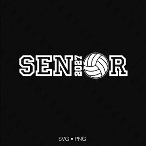 May include: A white graphic design on a dark background featuring the text SENIOR with the number 2027 vertically integrated and a volleyball replacing the letter O. The design uses a bold, block-style font for the letters and numbers.