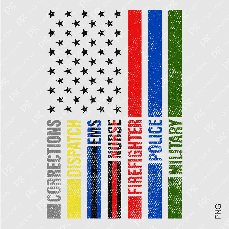 May include: A thin blue line American flag with the words "Corrections", "Dispatch", "EMS", "Nurse", "Firefighter", "Police", and "Military" printed vertically on each stripe.