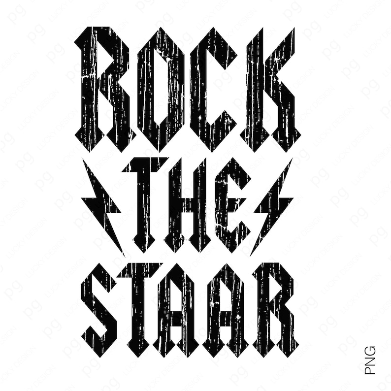“ROCK THE STAAR” distressed black illustration with lightning bolts, PNG file. Rugged rock-band style graphic for STAAR testing shirts, teacher encouragement designs, school testing week outfits, bold classroom theme art, and printable PNG for test day apparel and educational motivation graphics.