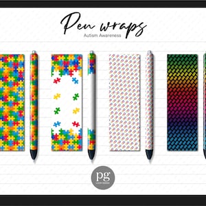 May include: Six colorful pen wraps designed for Autism Awareness. The wraps feature puzzle pieces, infinity symbols, and a rainbow gradient.