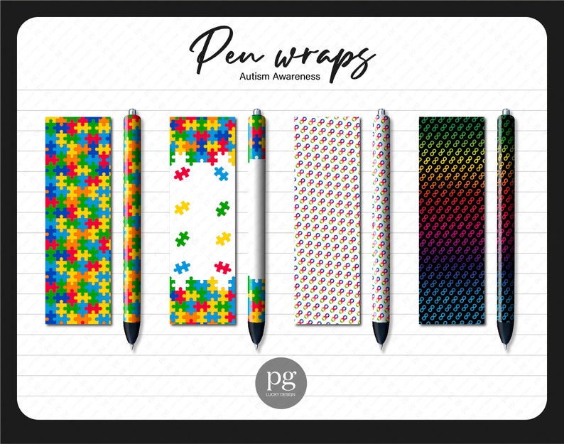 May include: Six colourful pen wraps designed for Autism Awareness. The wraps feature puzzle pieces, infinity symbols, and a rainbow gradient.