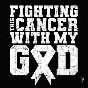 Puede incluir: Texto blanco sobre fondo negro que dice "Fighting this cancer with my GOD" con una cinta blanca en forma de cruz.