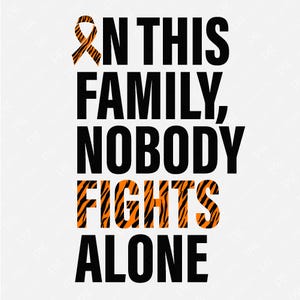 Pode incluir: Gráfico preto e laranja com o texto "Nesta família, ninguém luta sozinho". A palavra "luta" está em listras de tigre laranja e pretas.