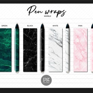 May include: Five pen wraps with marble designs. The designs are green, black, white, and pink. The text "Pen wraps MARBLE" is at the top of the image.
