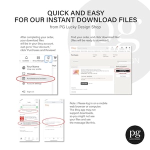 Step-by-step instructions on how to access and download your digital files instantly after purchase. Customers are guided to log into their Etsy account, click “Purchases and Reviews,” and download files directly. A note reminds that the Etsy app may not support downloads, so it’s best to use a mobile browser or computer for easy access. This helps buyers quickly locate SVG and PNG files for crafting, printing, or any DIY projects without confusion