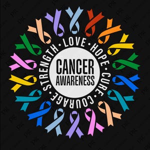 May include: A black background with a circle of colorful ribbons surrounding a white circle with the text "Cancer Awareness" and the words "Strength", "Love", "Hope", "Cure", and "Courage" surrounding the circle.