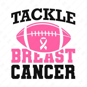 Puede incluir: Gr&aacute;fico rosa y negro con un bal&oacute;n de f&uacute;tbol y el texto "Tackle Breast Cancer".