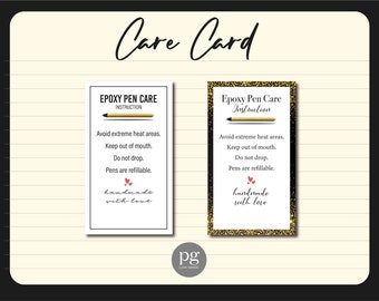 May include: Two care instruction cards for epoxy pens. The cards are white with black text and a gold pen illustration. The text reads: Avoid extreme heat areas, keep out of mouth, do not drop, and pens are refillable. The cards say "handmade with love".