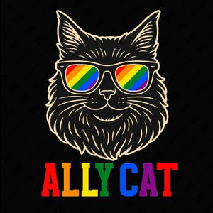 Ally chat Svg Png, chat cool avec des lunettes arc-en-ciel Lgbtq, Svg Lgbt, Gay Pride Svg, mois de la fierté en téléchargement numérique Sublimation PNG, SVG Cricut