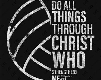 Pode incluir: Um design gráfico preto e branco de uma bola de voleibol com o texto "Posso fazer todas as coisas em Cristo que me fortalece Filipenses 4:13".