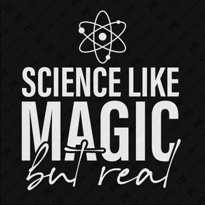 Könnte beinhalten: Schwarzes Grafikdesign mit dem Text "SCIENCE LIKE MAGIC but real" in Weiß. Oben befindet sich ein Atomsymbol. Der Hintergrund ist ein sich wiederholendes Muster aus den Buchstaben "pg" und den Wörtern "LUCKY DESIGN".