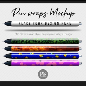 May include: Five different pen wraps with various designs. The designs include green leaves, flames, blue with yellow characters, and pink with flowers. The text "Pen wraps Mockup" and "PLACE YOUR DESIGN HERE" is at the top of the image. The text "PSD file with smart object easy replace with you design" is in the middle of the image. The text "pg LUCKY DESIGN" is at the bottom of the image.