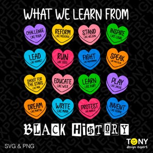 Op de afbeelding: Een zwart-witte afbeelding met de tekst "What We Learn From Black History" in vetgedrukte letters. De afbeelding bevat 12 hartvormige illustraties met de namen van opmerkelijke zwarte figuren en hun prestaties.