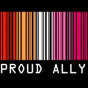 May include: A black and white barcode with red, orange, white, pink, and magenta stripes. The text "PROUD ALLY" is below the barcode.