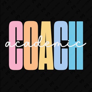 Puede incluir: Un diseño gráfico sobre un fondo negro presenta la palabra "COACH" en letras de bloque grandes y coloridas: rosa, naranja, amarillo y azul. La palabra "academic" está escrita en blanco en cursiva sobre la palabra "COACH".