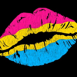 Może przedstawiać: Zniszczona grafika przedstawiająca usta w kolorach flagi dumy panseksualnej: różowym, żółtym i niebieskim. Usta są umieszczone na czarnym tle, z białym tekstem "PNG ONLY".