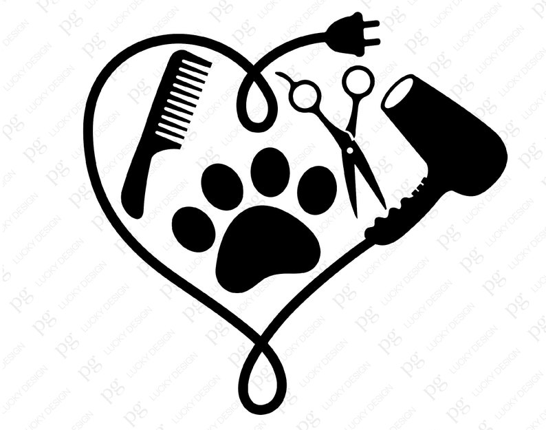 View of Dog Grooming Hair Dryer Heart Svg, Pet Grooming Paw Print Svg, Dog Salon Stylist Tool Svg ...