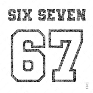 “SIX SEVEN 67” in strong varsity lettering with black cracked texture effect. Perfect PNG for vintage athletic shirts, meme-themed prints, or DIY apparel projects that mix humor and classic typography.