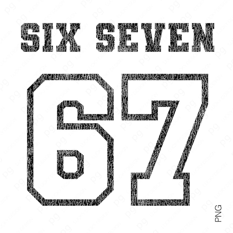 “SIX SEVEN 67” in strong varsity lettering with black cracked texture effect. Perfect PNG for vintage athletic shirts, meme-themed prints, or DIY apparel projects that mix humor and classic typography.