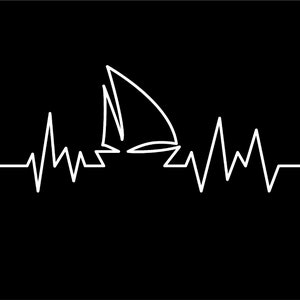May include: A white line drawing of a sailboat with a heartbeat line behind it.