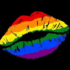 May include: A rainbow-colored lip print with a grunge-style design. The colors are red, orange, yellow, green, blue, and purple.
