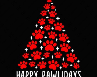May include: Red paw prints in the shape of a Christmas tree with white stars on a black background. The text "HAPPY PAWLIDAYS" is at the bottom of the image.