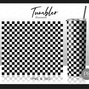 May include: A black and white checkered pattern design for a 20 ounce skinny tumbler. The design is shown on a flat surface and on a tumbler. The text "Tumbler Checkered" and "PNG & SVG" are also included in the image.