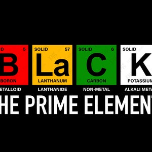 Op de afbeelding: Een grafisch ontwerp met de elementen uit het periodiek systeem voor boor, lanthaan, koolstof en kalium, die het woord "BLACK" spellen. De tekst "THE PRIME ELEMENT" staat onder de elementen.
