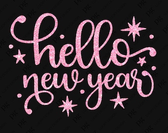 May include: Pink glitter lettering on a black background that says "hello new year" with small pink glitter stars surrounding the text.