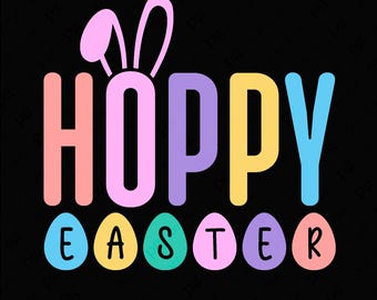 May include: A colorful graphic design with the text "Hoppy Easter" in pink, purple, yellow, and blue. The word "Hoppy" is above the word "Easter" and there are six pastel colored eggs below the text.