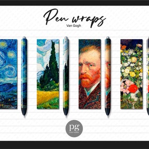 Peut inclure: Ensemble de stylos décorés avec des œuvres de Van Gogh. Les motifs incluent "La Nuit étoilée", "Champ de blé avec cyprès", un portrait et "Vase aux douze tournesols". Les mots "Pen wraps" et "Van Gogh" sont écrits en haut.