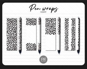 May include: A collection of pen wraps and pens with a black and white leopard print design. The image includes the text "Pen wraps Leopard" and the "pg lucky design" logo.
