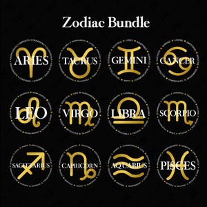 Bundle 12 zodiaque anniversaire Svg Png, cadeau caractéristique positive signe du zodiaque astrologie, téléchargement numérique DTF sublimation PNG & SVG Cricut