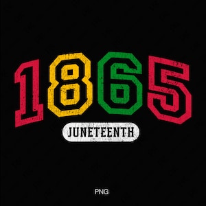 May include: A graphic design featuring the year 1865 in large, bold, red, yellow and green numbers. The word "Juneteenth" is written in white below the numbers.