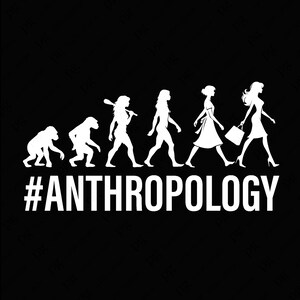 Può includere: Un'illustrazione divertente che rappresenta l'evoluzione degli umani, iniziando con una scimmia e terminando con una donna che porta borse della spesa. Il testo sottostante recita "#ANTHROPOLOGY".
