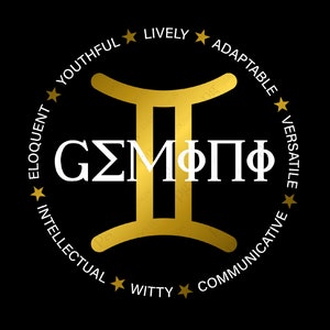 May include: A gold zodiac symbol for Gemini with the word "GEMINI" in white letters surrounded by a circle with the words "youthful, lively, adaptable, versatile, communicative, witty, intellectual, eloquent" in white letters.