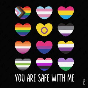 Puede incluir: Un fondo negro muestra doce corazones con diseños que representan diversas identidades LGBTQ+. La frase "YOU ARE SAFE WITH ME" en blanco se encuentra en la parte inferior de la imagen.
