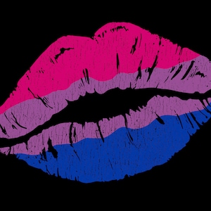 Puede incluir: Una impresión de labios rosa, morado y azul en un estilo desgastado. Los labios están delineados en negro.