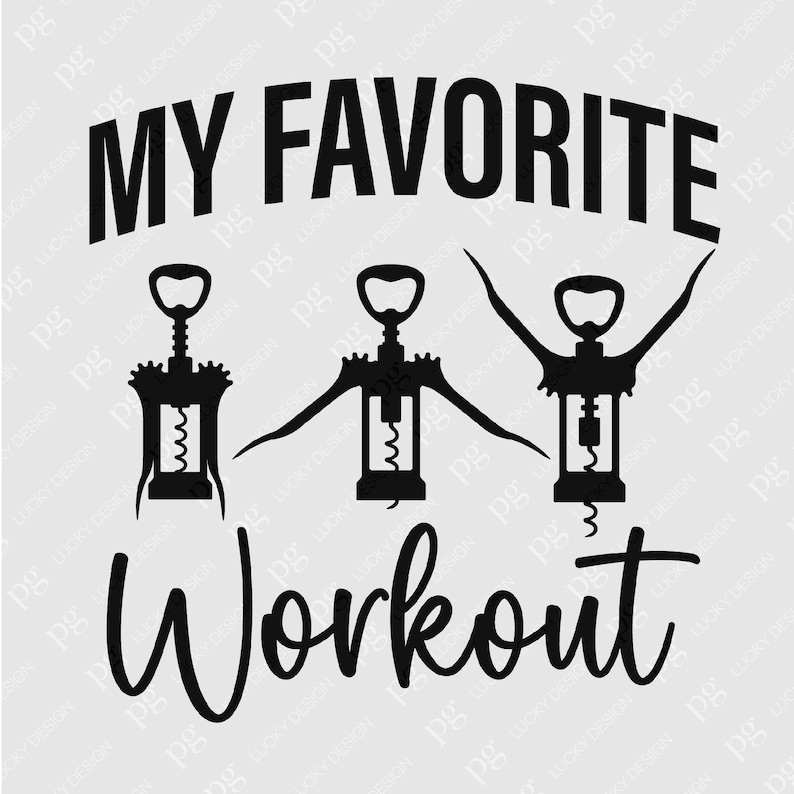 May include: Black and white graphic design with the text "My Favourite Workout" and three stylised images of corkscrews.
