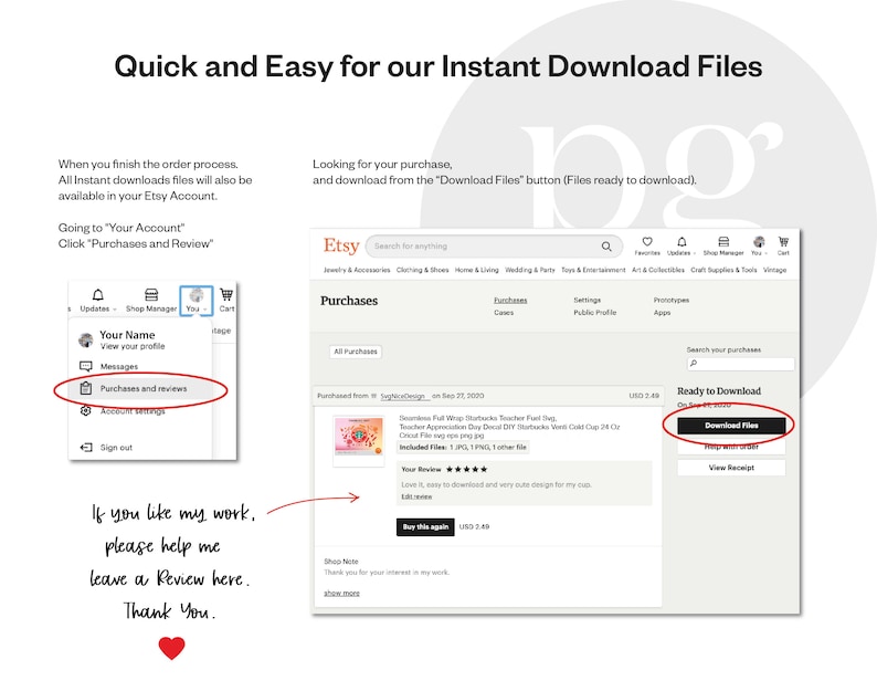 May include: Screenshot of an Etsy shop showing how to download digital files. The image shows a computer screen with a purchase confirmation and a button that says "Download Files". The text on the screen says "Quick and Easy for our Instant Download Files".