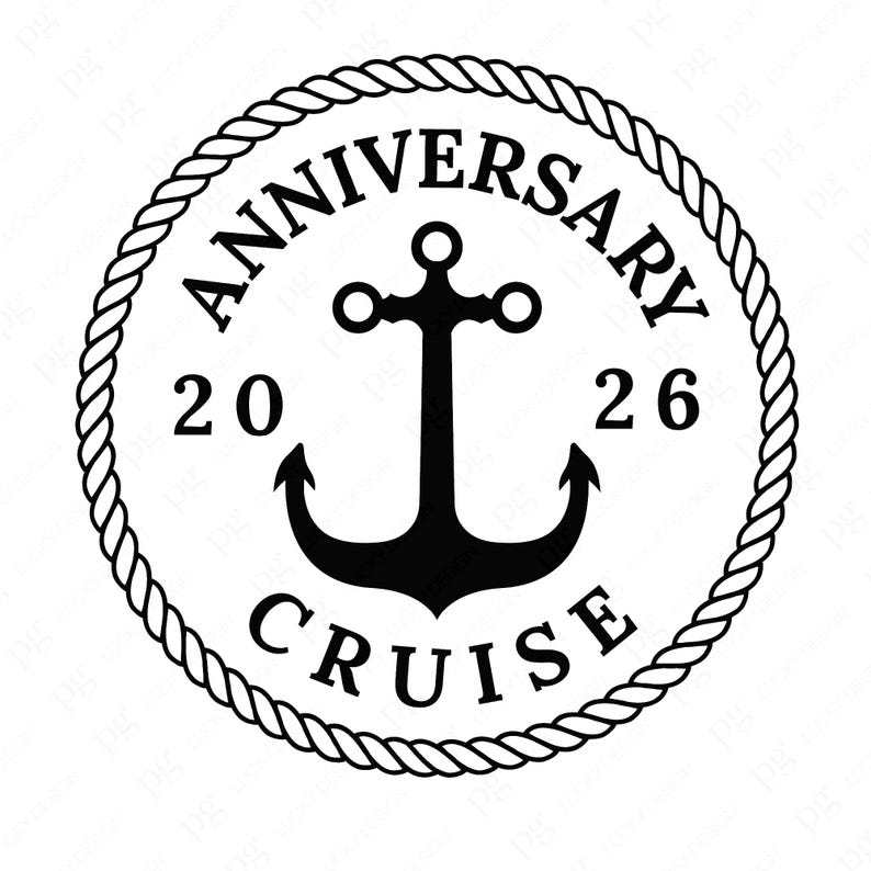 “Anniversary Cruise 2026” anchor graphic shown in a clean black-on-white version with a rope border and nautical anchor centerpiece. This elegant cruise anniversary SVG & PNG design is perfect for couples celebrating a wedding anniversary on a cruise vacation, custom travel shirts, anniversary souvenirs, cruise group apparel, or nautical-themed anniversary gifts with a versatile, minimalist style.