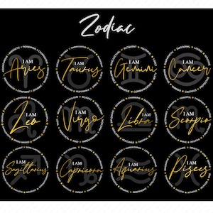 Lot de 12, je suis le signe du zodiaque anniversaire Svg avec caractéristique positive, idée cadeau, téléchargement numérique DTG Sublimation fichier Cricut SVG & PNG