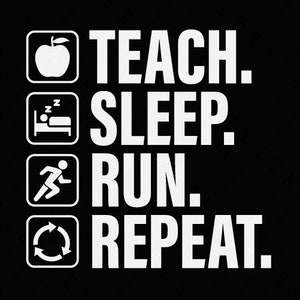 Pode incluir: Texto branco em fundo preto que diz "ENSINAR. DORMIR. CORRER. REPETIR." com quatro ícones à esquerda de cada palavra. Os ícones são uma maçã, uma cama com uma pessoa dormindo, uma pessoa correndo e uma seta circular.