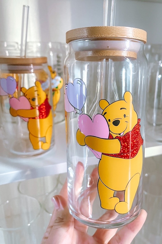 Winnie-the-Pooh 16oz Libbey Cup / Glass Can with Lid and Straw