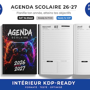 May include: A black and white agenda with the text "AGENDA SCOLAIRE 26-27" and "2026 2027". The cover features a colorful controller design. The open pages show lined paper for notes and planning. The agenda is 6x9 inches.