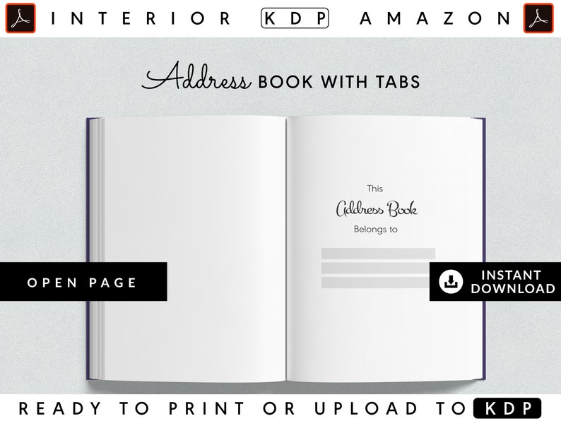 May include: A printable address book with tabs. The cover is open to show the inside pages, which are blank. The text on the inside page reads "This Address Book Belongs to".