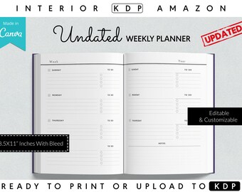 Canva Undated Editable Template Planner Weekly & Monthly Overview, Commercial use, KDP template