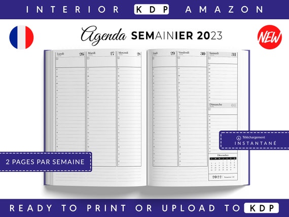 Agenda 2023 Semainier, 2 pages par semaine, 139 pages A4, commercial use,  KDP interior