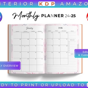 Modelo CANVA de planejador mensal 2024-2025, totalmente datado, totalmente editável e personalizável, (8,5 x 11) "USO comercial - modelo de interior KDP
